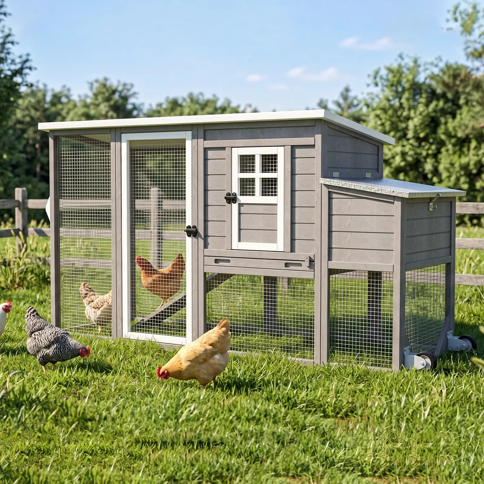 Petscosset Outdoor Chicken House - Predator-Safe Wire Mesh Outdoor Cage for Chickens/Ducks, Rabbit Small Animal Habitat with Pull-Out Cleaning Tray, Mobile Setup Moving Wheels