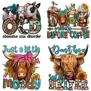 6pcs/set Cute Cow & Letter Pattern DIY Iron On Patch, Washable Heat Transfer Sticker For Clothes