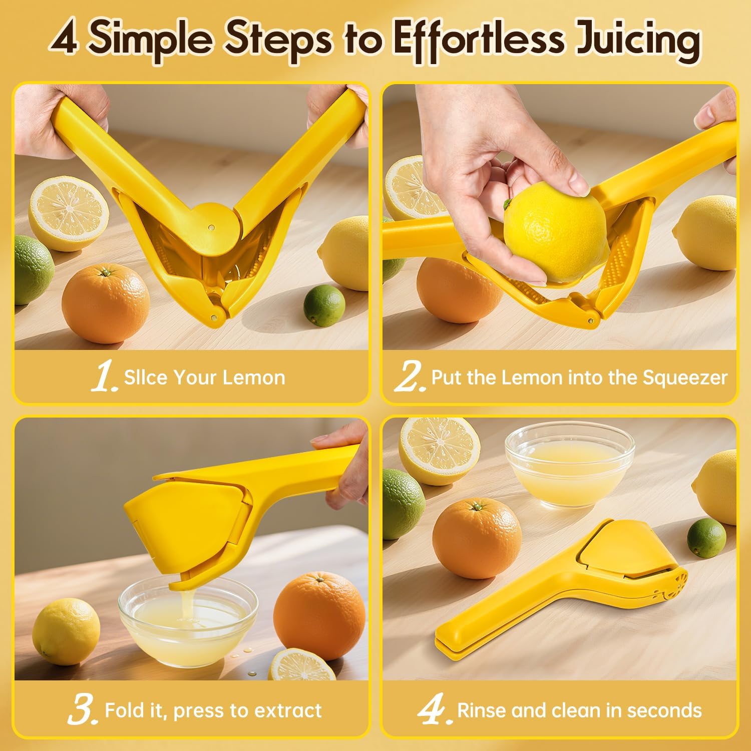 Manual Lemon Squeezer Handheld Citrus Juicer Ergonomic Handle BPA-Free PP Material Easy to Clean & Store Yellow