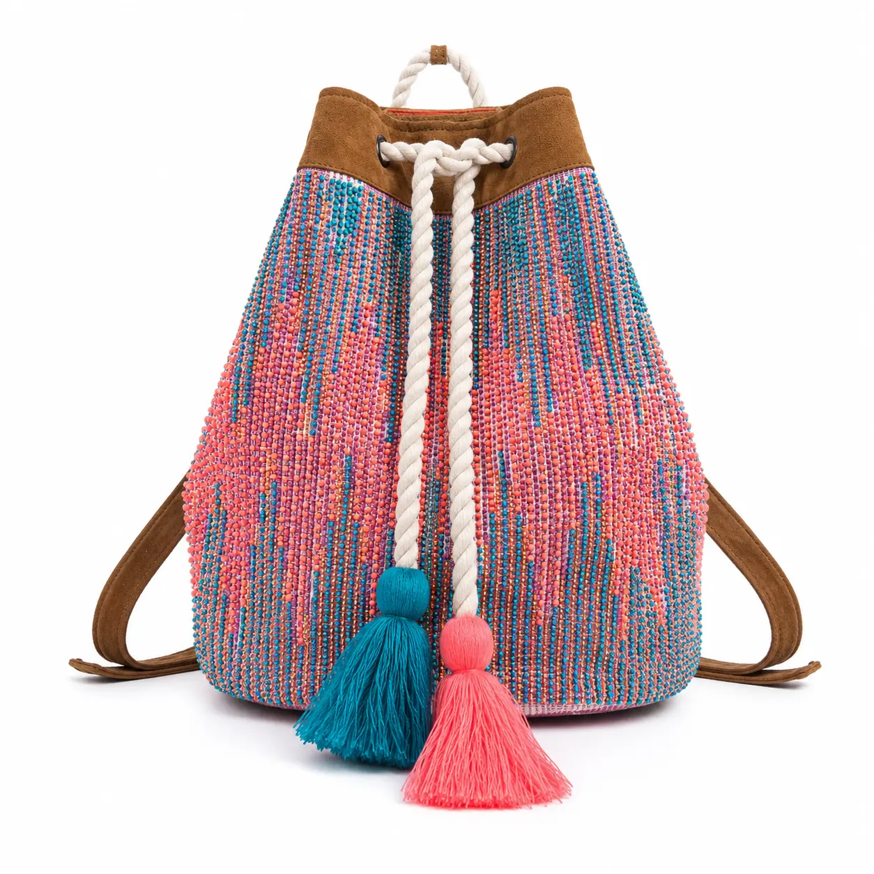Boho Beaded Backpack for Women, Vibrant Coastal Cowgirl Style with Suede Trim, Tassels & Drawstring Closure, Rope, Bohemian Backpacks, Backpacks Women, Beads