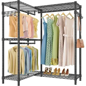 L4 Garment Rack L Shaped Clothes Rack for Corner, Freestanding Portable Wardrobe Closet Heavy Duty Clothing Rack with 3  Rods & 2 Side Hooks, 43.3"Lx29.1"Wx76.4"H, Max Load 810LBS, Black