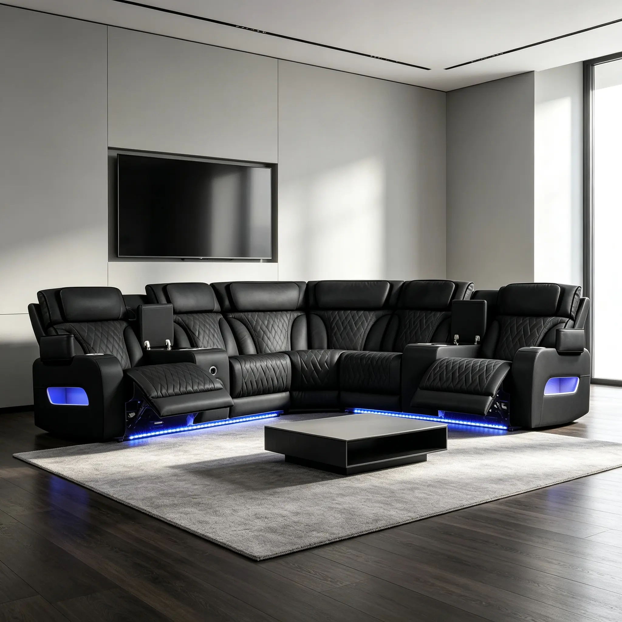 Jazmina 117" Ice White Leather Blend Modern Power Reclining Sectional Sofa - Fixed Arms, Multiple Seats, Power Headrest, Bluetooth Speakers, LED Lights, USB/USB-C Ports, Storage, Cupholders, Power Recline