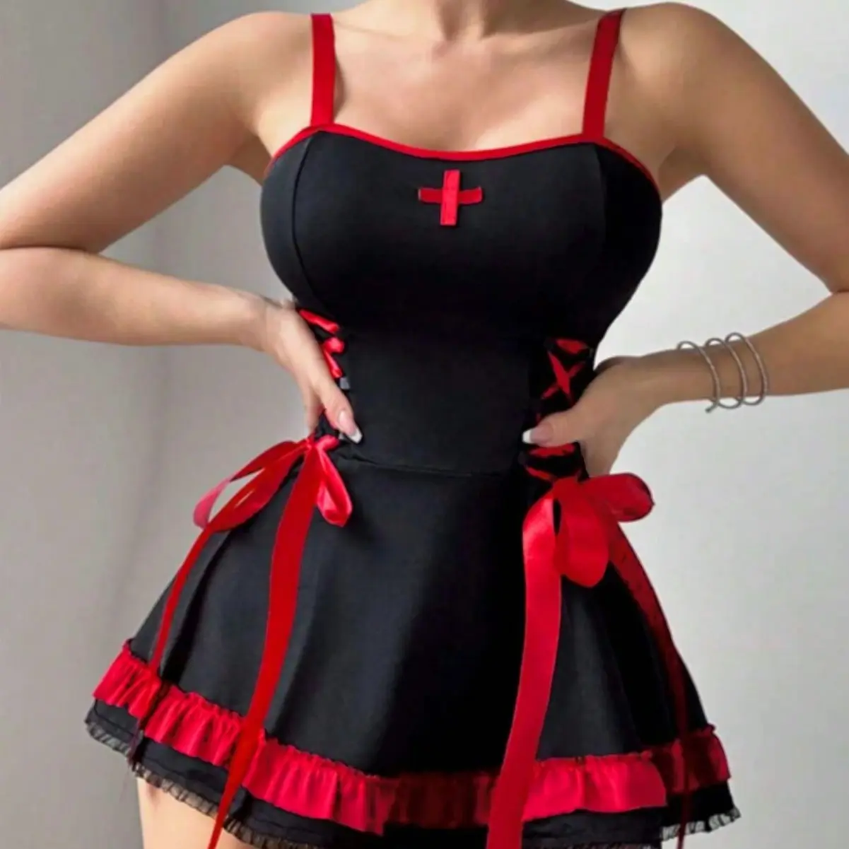Women's Black and Red Lingerie Set - Nurse Role-Play Uniform with Cute Ribbon Ruffle Decoration, Adjustable Halter Strap, Close-Fitting Fabric, Comfortable Underpants Bottom, Soft, Top, Overall, Casual, Style, Bow Accents, Soft Fabric