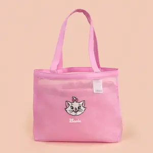 Disney Cat Collection Embroidered Mesh Shoulder Bag - Cute Cat Pink Bag, Shopping Bag for Girls, Travel, Picnic, School