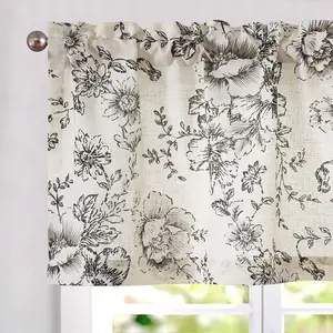 Linen Valance Curtain Farmhouse Black Floral Window Valance for Bedroom, 16 Inch French Country Flower Small Drapes for Kitchen Light Filtering Window Treatments Rod Pocket 1 Panel