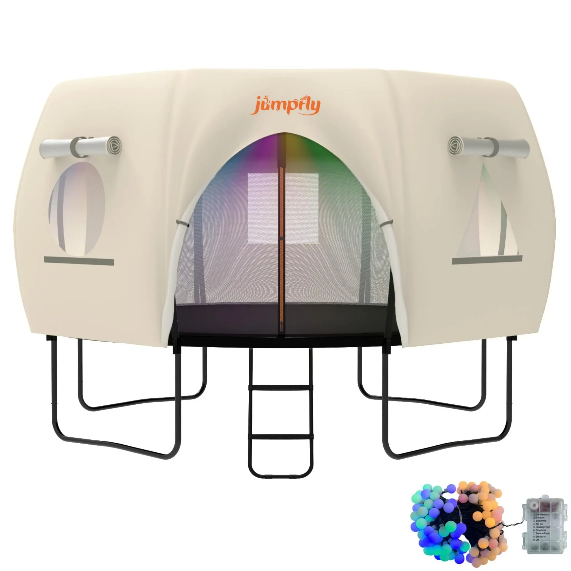 Jumpfly Trampoline Tent (Tent Only) for Kids - 8 Curved Poles Round Accessory with LED Ambient Lighting, Curtain, Outdoor Canopy, Sunscreen, Watch Party Feature, LED Glow Turns Playtime Into Cinema, Set Trampoline Accessories