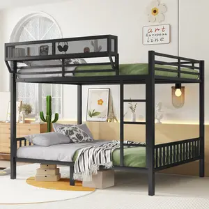 Queen Over Queen Metal Bunk Bed with Ladder and Storage Shelf for Adults Teens,Black