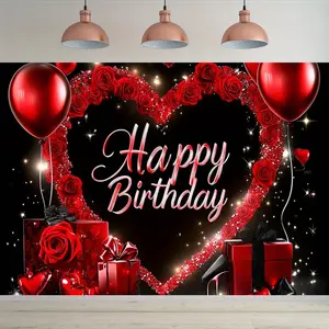 1PC,2D Flat Birthday Backdrop, Red Rose Heart Balloon Gift - Themed Birthday Party Decoration Background, Hanging Cloth for Adult & Kids' Birthday Scene Setup, Photography Backdrop Curtain for Pa