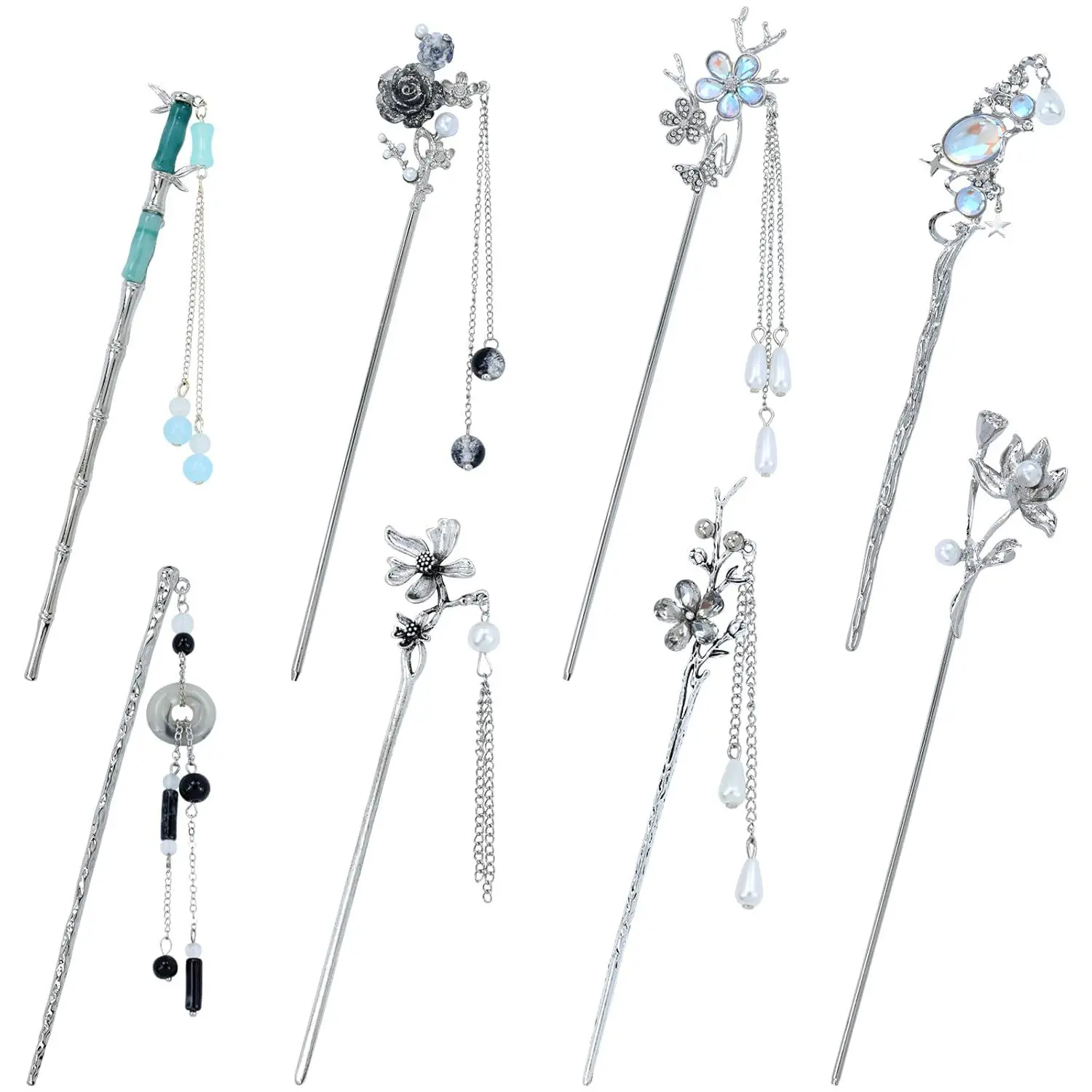 8 PCS Retro Vintage Traditional Hanfu Silvery Metal Flower Hair Sticks with Bead Pendants Bamboo for Lotus Long Hair Chopsticks Forks Bun Updo Holders Hairpins