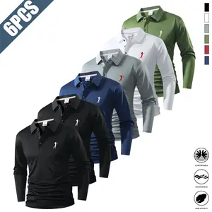6PCS Men’s Quick-Dry Sun-Protective Breathable Sports Casual Shirts, 3D Structured Collar, Wrinkle-Resistant Long-Sleeve Business Shirts, suitable for golf, travel, and office settings, Valentine’s Day gift, summer vibe. summervibes