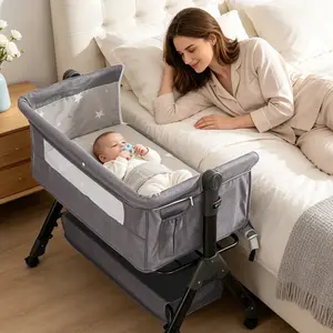 Baby Bassinet Sleeper, 6 Height Adjustable Cribs, Easy to Fold Portable Crib Side Bassinet, Swing Cradle Bed Side Sleeper with Ventilated Net&Wheels Folding Cot Layer Floorbed