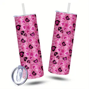 1pc 20oz Stainless Steel Water Cup with Pink Heart Pattern, Double-Wall Insulated & Leak-Proof, Ergonomic Handle & Straw Lid - Perfect for Office, Home, Travel - Ideal Gift for Friends & Family, Insulated Water Bottle