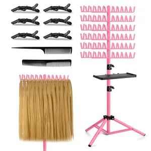 OLMRJKD Braiding Hair Rack with Tray 144 Pegs Height Adjustable 2-Side Hair Extension Holder Hanger Pink ABS Durable Stable Easy Assembly