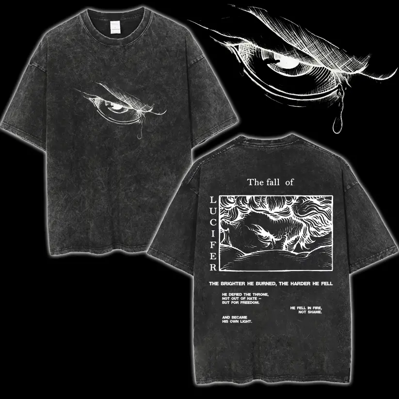 The Fall of Lucifer – Fallen Light Graphic Tee, Bible Verse Oversized Faith Shirt Crewneck Cotton Menswear Top Apparel Unisex Polyester Streetwear Tshirt Tropical Casual
