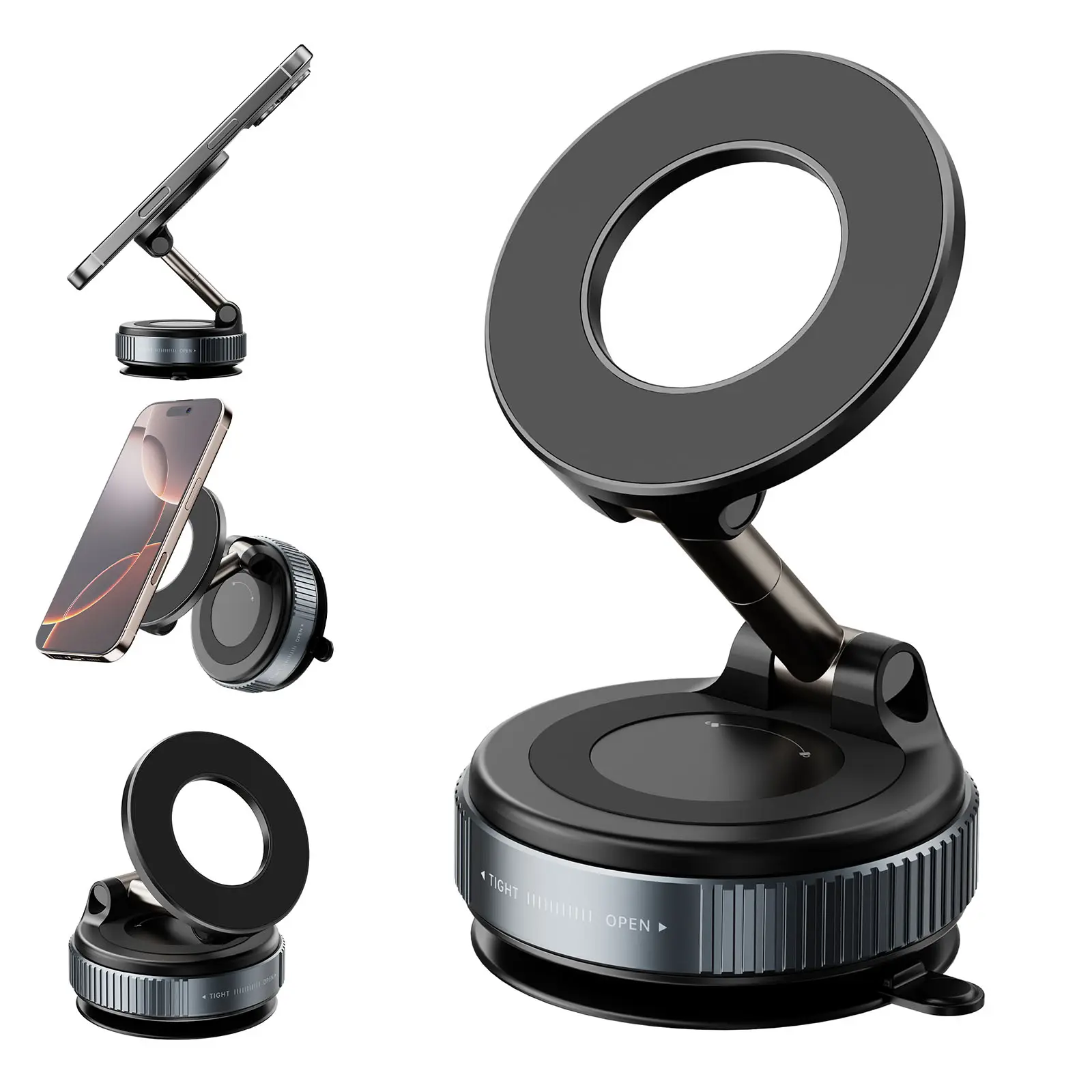 JOYYE Magnetic Phone Mount - Collapsible Height-Adjust Mobile Standing Stand with Strong Vacuum Adsorption, Portable Metal Car Phone Holder Compatible with iPhone MagSafe