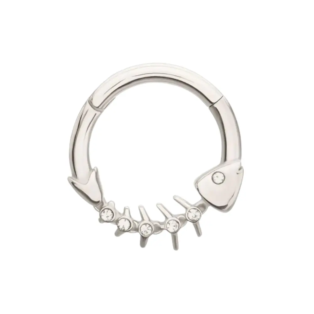 CZ Crystal Lined Fishbone Hinged Segment Clicker Ring - 316L Stainless Steel