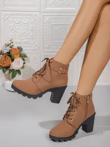 Women's Chunky Heel Short Boots, Fashion Lace-Up Ankle Booties, Casual PU Leather Side Zipper Design, All-Season Daily Wear Shoes, Thick Heeled Boots