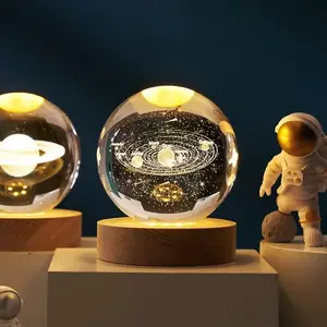 3D Solar System Crystal Ball Night Light with Gift Box, 60mm (2.36in) K9 Glass Planet Ball Lamp with Wooden Base & Switch, USB Powered Warm Desk Lamp, Astronomy Science Gifts for Kids, Men, Birthday