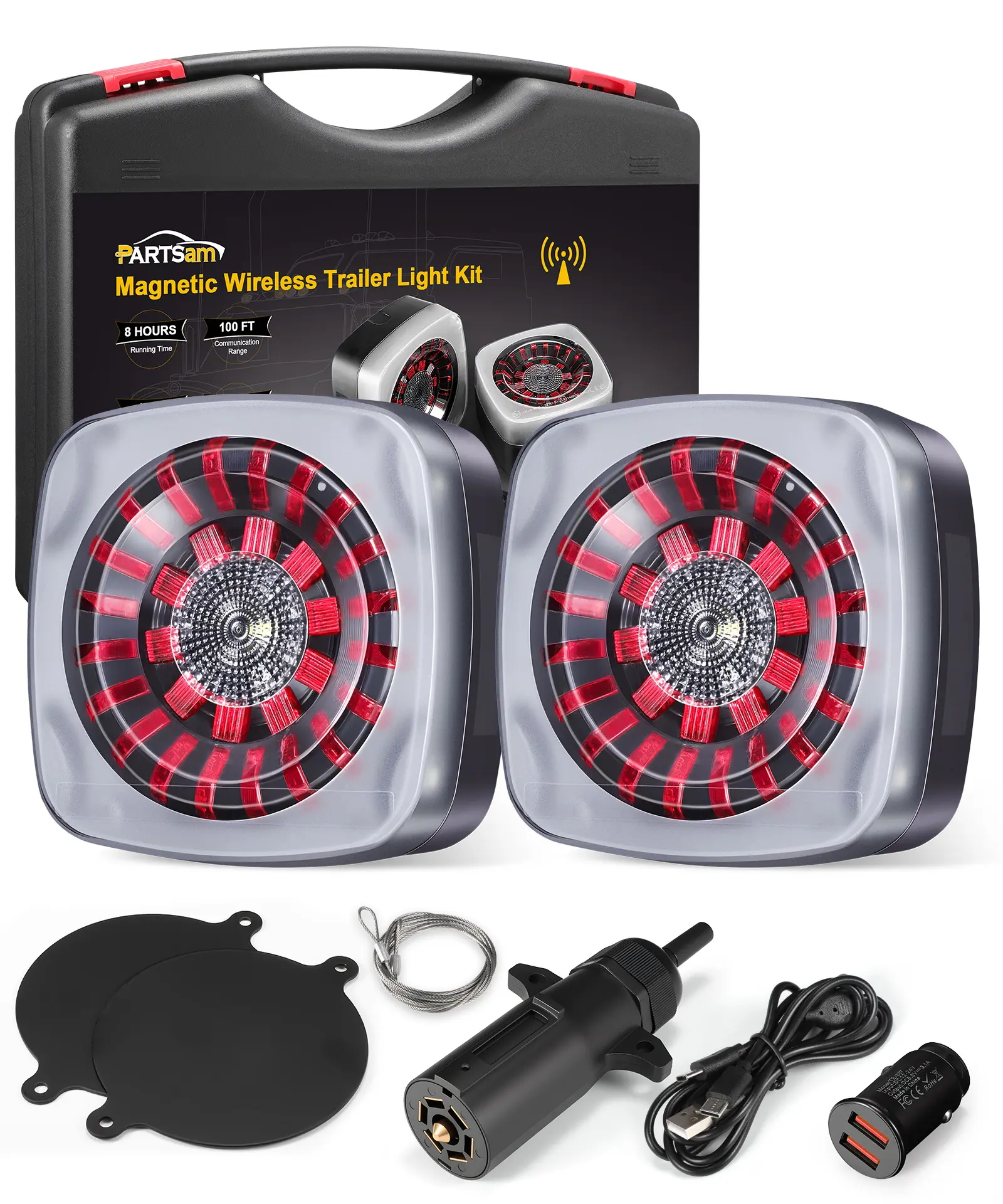 Partsam LED Wireless Trailer Lights Kit, Magnetic Tow Tail Lights Stop Turn Running Reverse Light with License Plate Light USB Cable Charges for Trailers, Trucks, Boat, RV