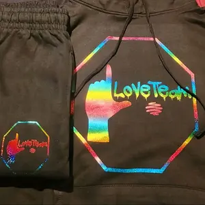 Love Team Rainbow Sweatsuit with Vibrant Handprint Design and Hexagon Outline for Comfortable Wear