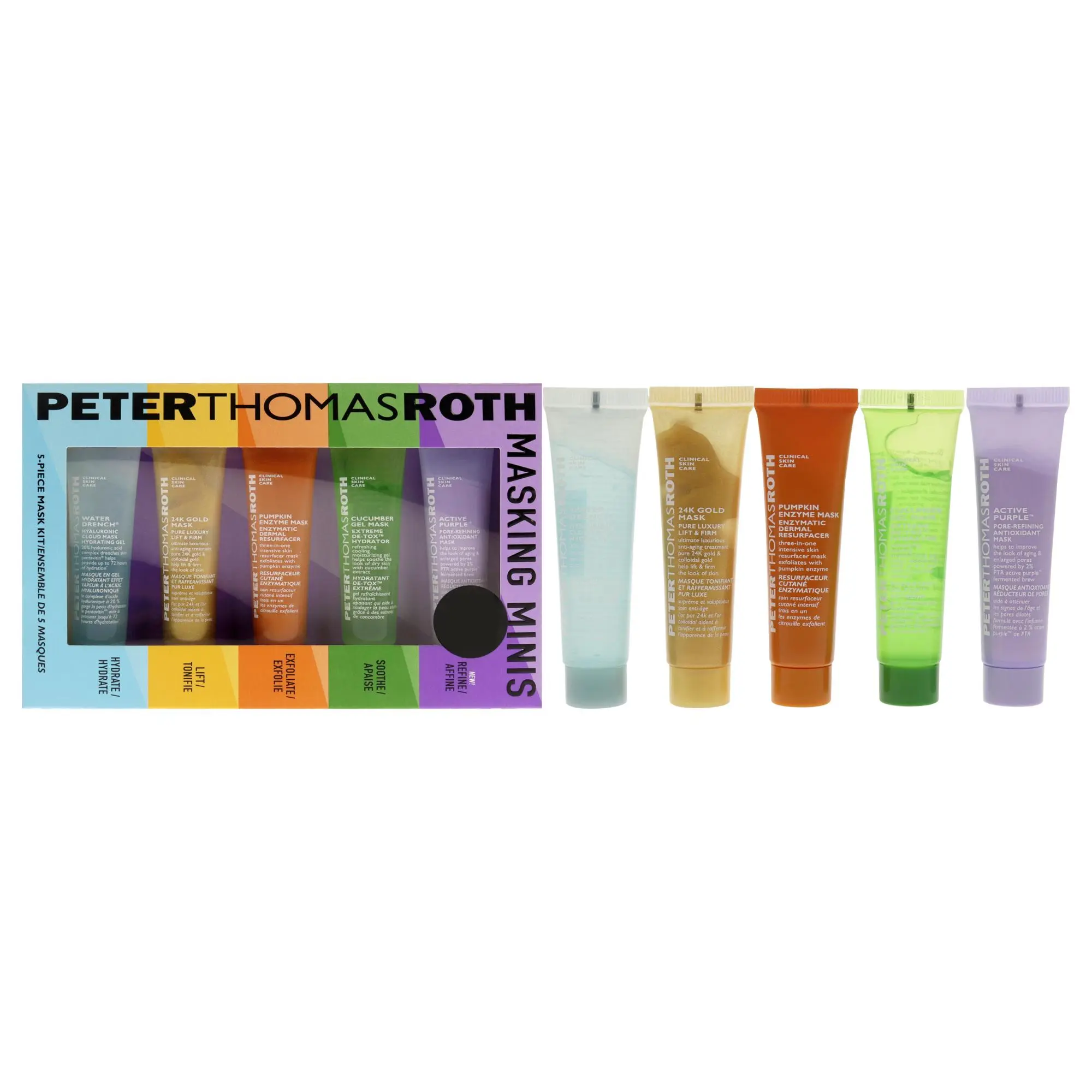 Masking Minis Kit by Peter Thomas Roth for Unisex - 5 Pc 0.47oz Active Purple Mask, 0.47oz Cucumber Gel Mask, 0.47oz Pumpkin Enzyme Mask, 0.47oz 24K Gold Mak, 0.47oz Water Drench Hydrating Gel