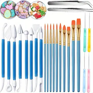 24pcs Cookie Decorating Tool Set Fondant Cake Decorating Tool Set Include Decoration Brushes Sugar Stir Needle Fondant Modeling Tool Elbow and Straight Tweezer for Cookie Cake Decoration Blue Bakeware