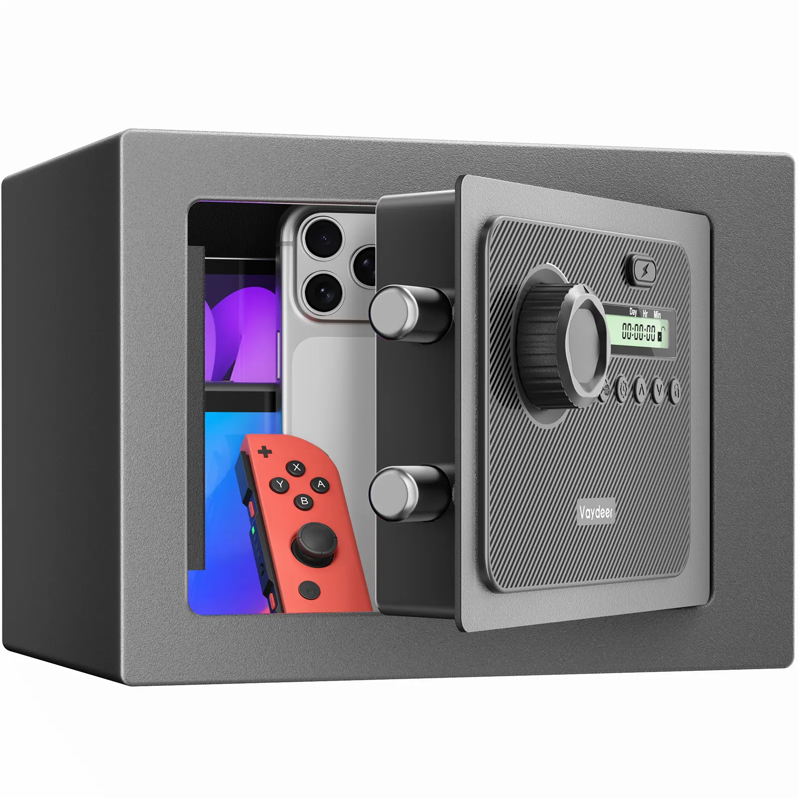 Vaydeer Metal Timed Lock Box, 99-Day Timer, Large Capacity Digital Display, Dual Power Options, Pry-Resistant Design, Emergency Unlock, Phones, Controllers and Snacks