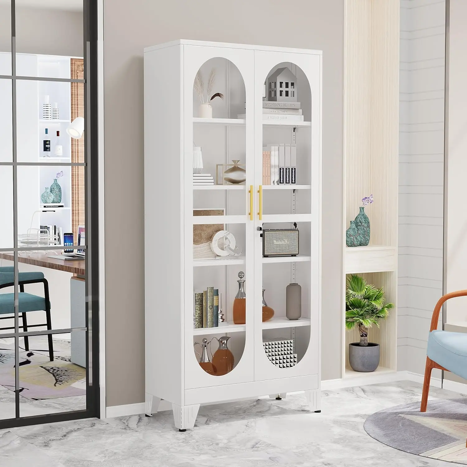 GEITIN 71" Tall Metal Curio Cabinet with Locking Glass Door, 5-Tier Display Case with 4 Adjustable Shelves for Home Bar Crockery, Collectibles, Files, Index Cards & Tools