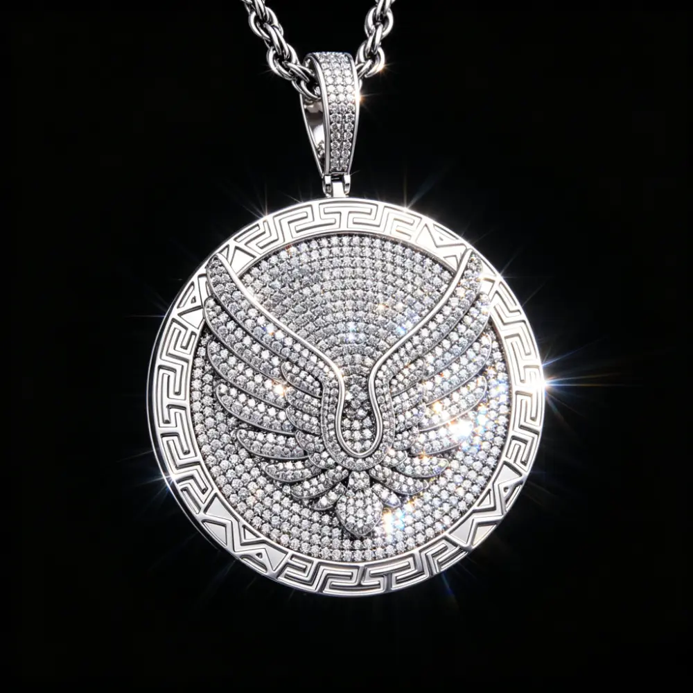 Iced Out Hip Hop Pendant Necklace for Men, Geometric Wing Medallion with Inlaid CZ on a Street Style Bling Chain