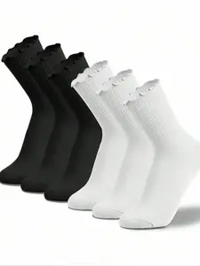 6 Pairs Women's Ruffle Socks, Cute Breathable Local Casual Ruffle Ankle Socks, All-Season Fitted Plain Crew Socks