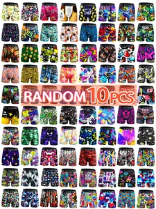 10 pcs Random KJFISTMU Street Anime Graffiti Print Men's Boxer Briefs Loose fit, soft and comfortable, elastic waistband. Perfect for home and sports.