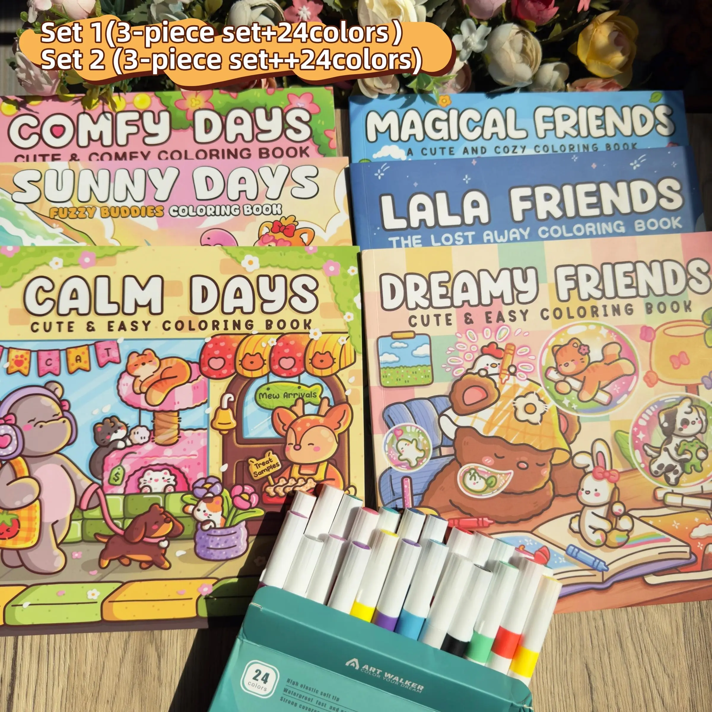 Cute Multi-Theme Coloring Book Set with 24 Color Markers, Stress Relief Doodle Art, Perfect for Daily Leisure & Holiday Gifts Drawing Book Coloring Books Set