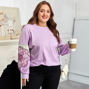 Women's Flower Patch Colorblock Plus Size Pullover Top Long Sleeve Top Curve 2025 Fall Outfit