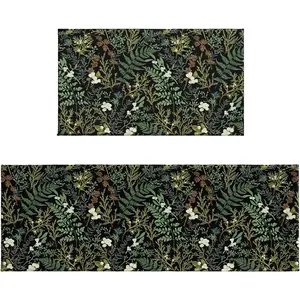 Black Green Botanical Kitchen Rugs Set Cute  Floral Print Kitchen Runner Mats Absorbent Non Slip  Comfort Mat for Holiday Kitchen Hallway Laundry Doorway Floor Decor, 17"x30"+17"x47"