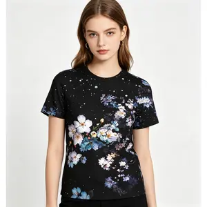 Starry Night Flower Shadow Ink Sakura Summer Full-Print Short-Sleeve 3D Printed T-Shirt Unisex Outdoor Comfortable Top Party Clothes Couple Pattern Gift for Friends