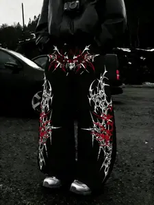 Men's Thorn Symmetry Loose Wide Leg Pants, Casual Loose Pants, Death Metal Print, Block, Soft Cotton Blend Fabric, Y2K Grunge Style