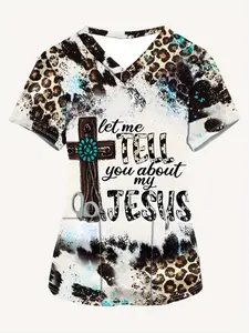 Casual Nurse Uniform Top, Nursing Scrub Uniforms, Leopard, V Neck Design, Short Sleeve Style, Durable, Comfortable and Fitted Fit, Workwear, Ideal for Healthcare Professionals, Nursing, Womenswear