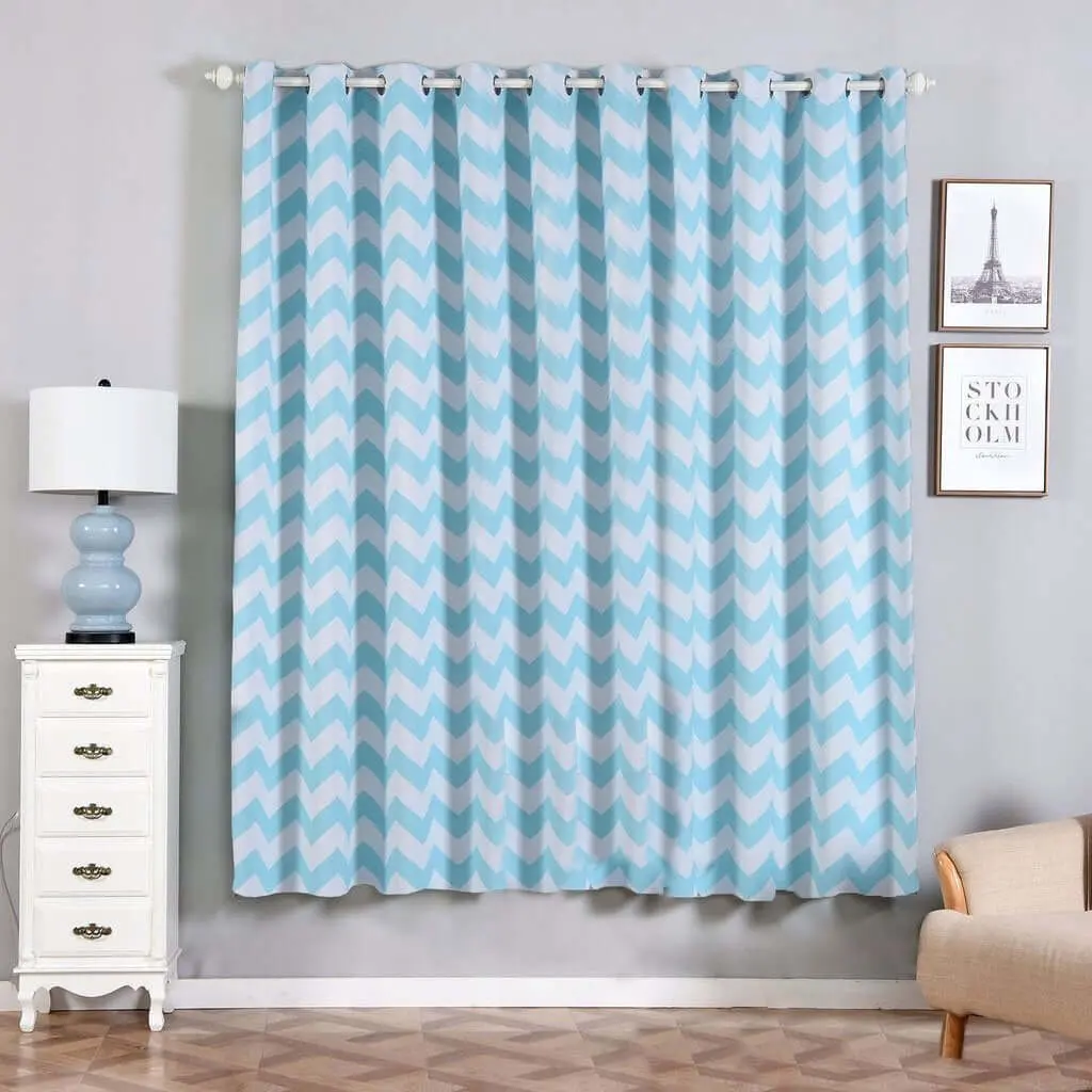 Home Decoration Thermal Insulated Privacy Grommet Curtains, 2-Pack White/Light Blue Chevron Design Blackout Window Treatment Panels with Chrome Grommets, 52"x84", Home Decoration Curtain