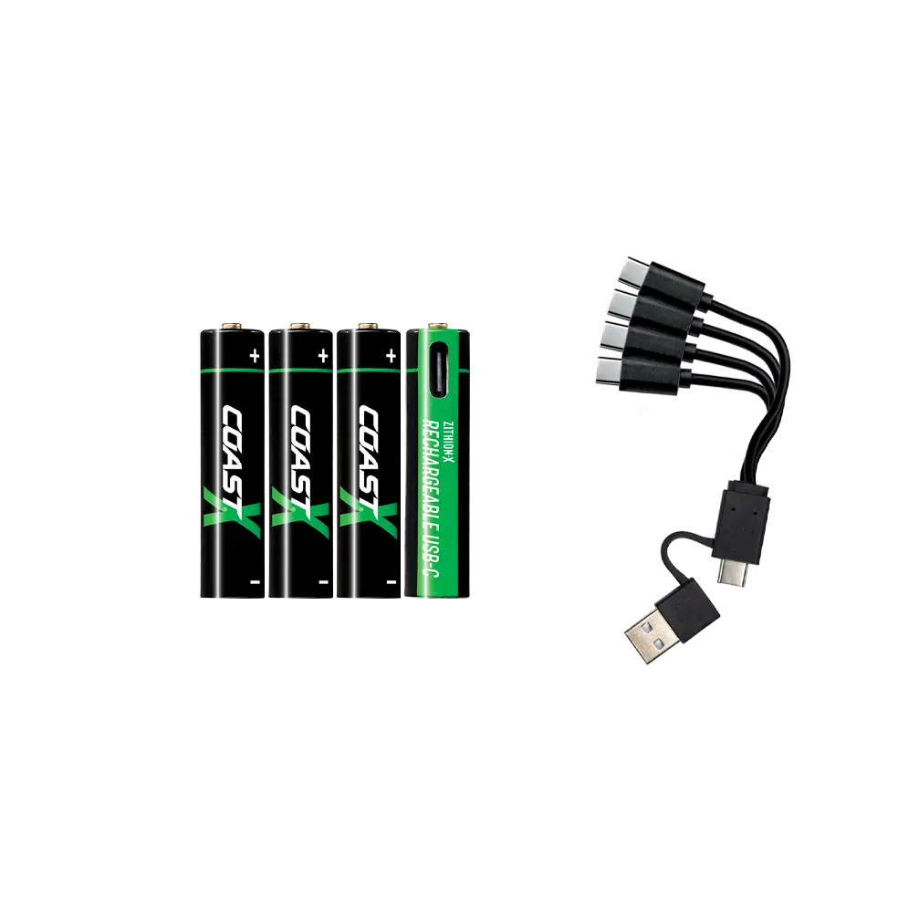 Coast AAA USB-C Rechargeable Batteries, ZITHION-X, Lithium Ion 1.5v 750 mAh, Long Lasting, Charges Under 1.3 Hours, Charging Cable Included