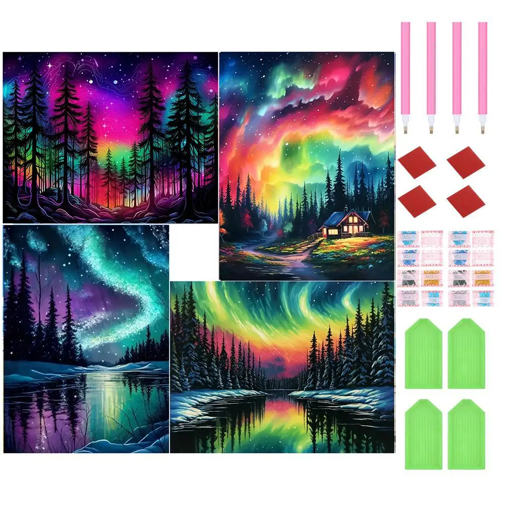 Aurora Landscape Pattern Diy Diamond Arts Colorful Painting Kit, 4 Counts/set Diy 5d Diamond Arts Painting Kit, Creative Crafting Wall Art Decor for H