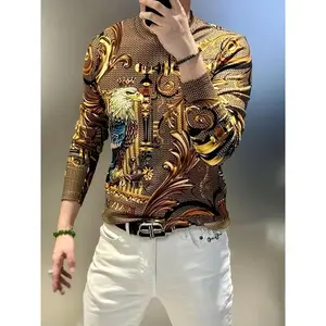 Bmuvlss Men'S Elegant Geometric Print Long Sleeve Crew Neck Sweatshirt - Brown & Golden Eagle & Floral Design, Stretchy Fabric Regular Fit Casual Pullover for Autumn Winter, Versatile Everyday & Semi-Formal Wear, Warm Comfortable Sweater for Men