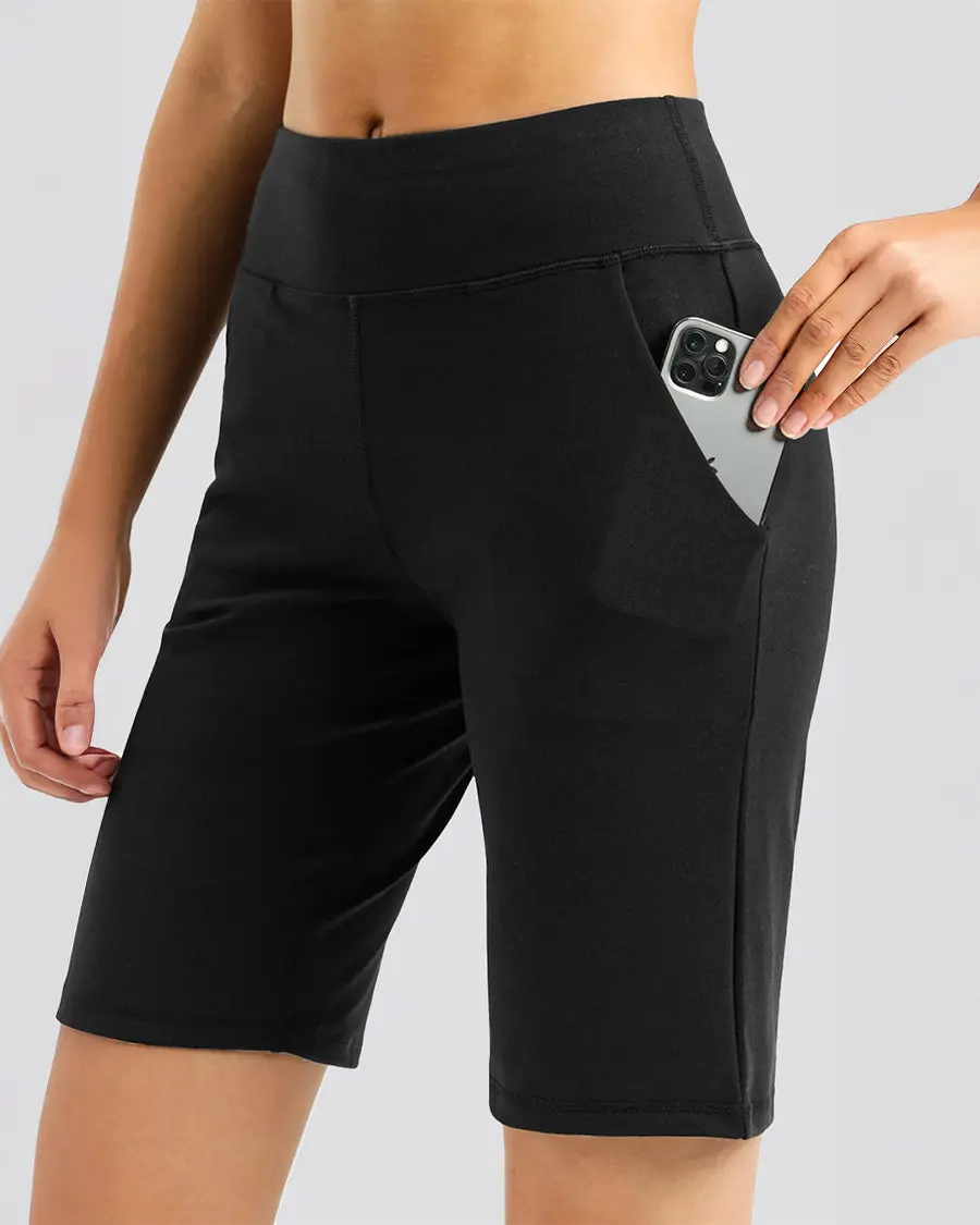 Women's Bermuda Shorts in a 4-Way Stretch Cotton Mix, 10" High Waisted Athletic Wear with Side Pockets, Four-Way Stretch Women's Bermuda Shorts in a 4-Way Stretch Cotton Mix, 10" High Waisted Athletic Wear with Side Pockets, Four-Way Stretch