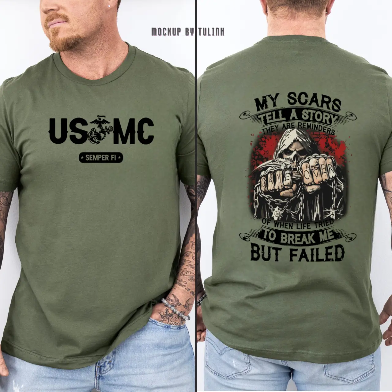 USMC Marine Corps Veteran T-Shirt, Semper Fi Military Green Tee, Proud US Marines Grim Reaper Graphic Shirt, My Scars Tell A Story Patriotic Veteran Gift for Men