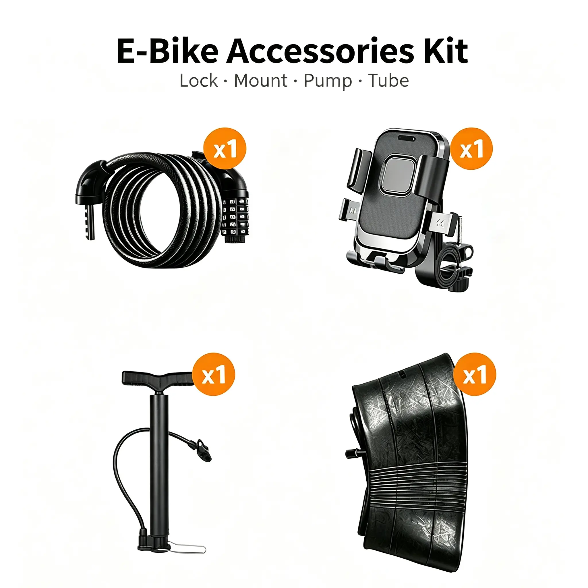Tamobyke 4-Piece Compact Adult Cycling & Ebike Accessories Set - Security Lock, Inner Tube, Inflation Bike Pump, Phone Holder for Outdoor Cycling & Daily Use, Travel, Adults, Bike Tools & Equipment, Bicycle Accessories, Compact Set Slips Into Daily Bags