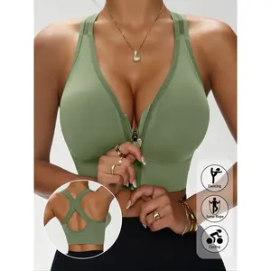 Women's Front Zipper No Underwire Elastic Wireless Sports Bra, Four Seasons Wearable Backless Daily Sporty Lingerie, 1/4 Piece SetGift