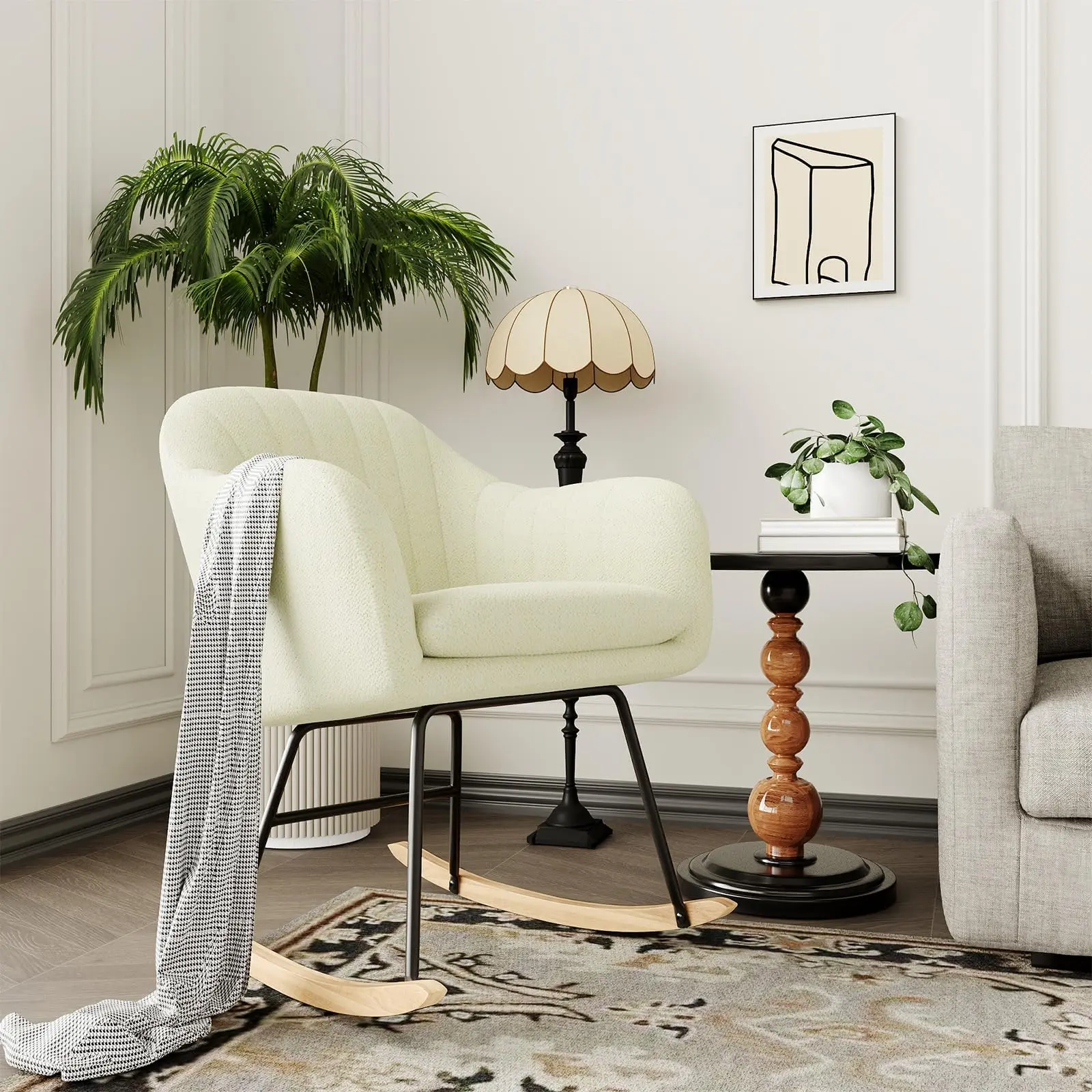 Garvee Nursery Rocking Chair Upholstered Glider with Ottoman, Modern Rocking Accent Chair with Cushions & Rubber Wood Legs Supports 350 Lbs, for Living Room, Bedroom & Office, Beige