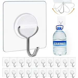 Adhesive Wall Hooks for Hanging Heavy Duty 33lb(Max), Waterproof and Rustproof Transparent Self Adhesive Hooks for Bathroom Kitchen Outdoor and Home Improvement -24 Pack