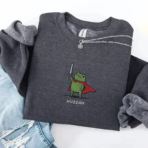 Embroidered Huzzah Frog Sweatshirt, Funny DnD Crewneck, Renaissance Faire Frog Sweater, Medieval Fantasy Gamer Gift