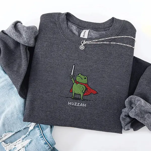 Women's Embroidered Huzzah Frog Fleece-Cotton Long Sleeve Crewneck Sweatshirt - DnD Gamer Gift, Renaissance Faire Cape-Inspired Fit Top