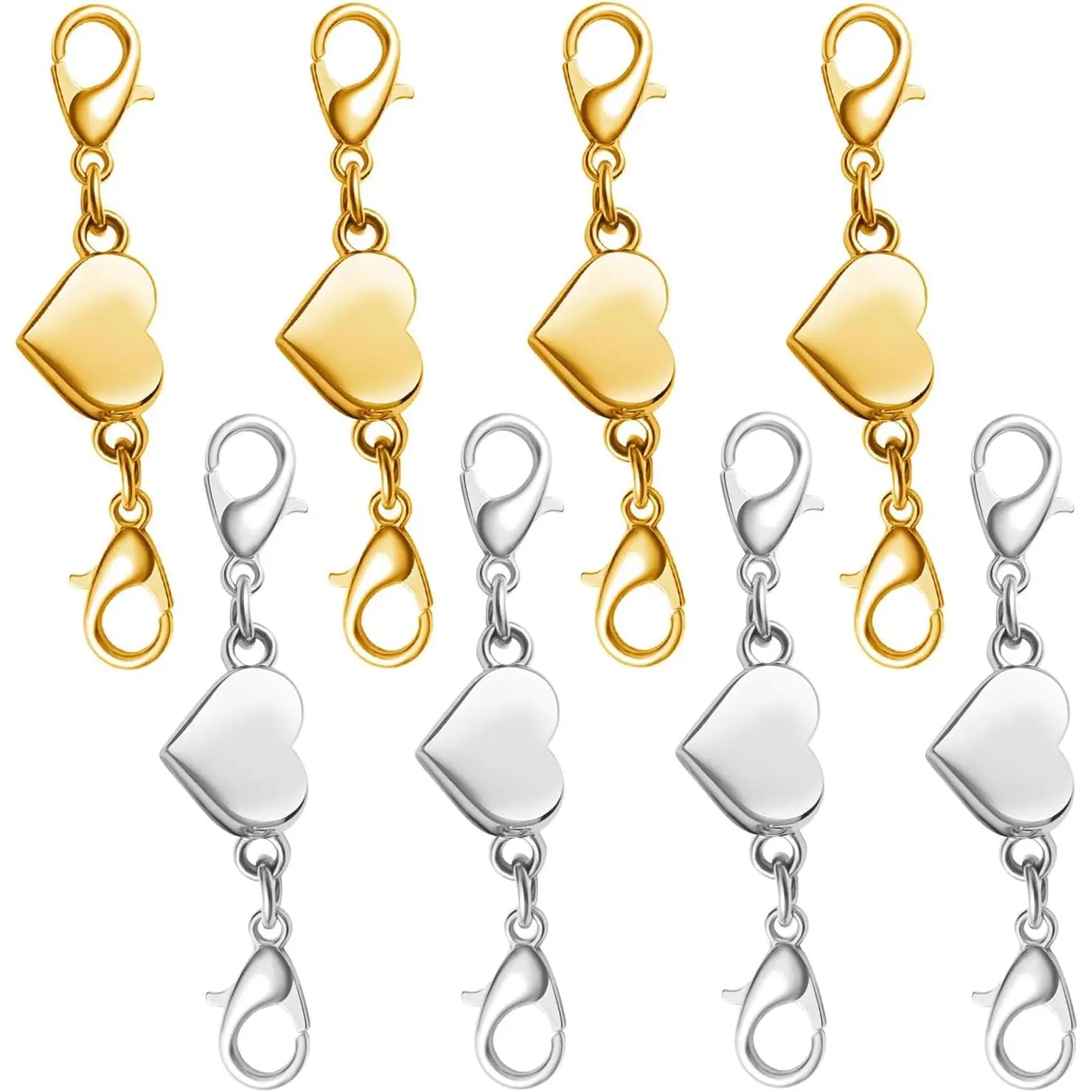 DIY Jewelry Making Metal Heart Magnetic Clasps - Double-Ended Design, Double Lobster Closures, Easy Attachment & Removal Connectors for Adults, Necklace Making Supplies, Everyday Wear (4 Gold + 4 Silver)